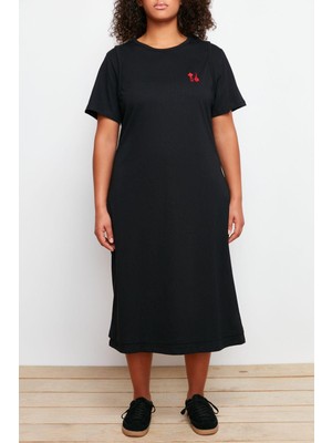 Frm Yeni Fit Casual Günlük Süprem Örme Bisiklet Yaka Kısa Kol T-Shirt Elbise Midi Boy Büyük Beden Elbise