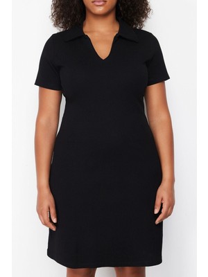 Frm Yeni Slim Casual Günlük Kaşkorse Örme Polo Yaka Kısa Kol A-Line Midi Boy Büyük Beden Elbise