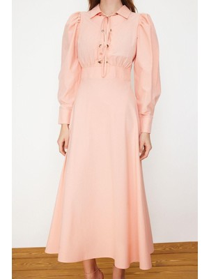 Frm Yeni Regular Casual Günlük Poplin Dokuma Gömlek Yaka Uzun Kol A-Line Maxi Boy Tesettür Elbise