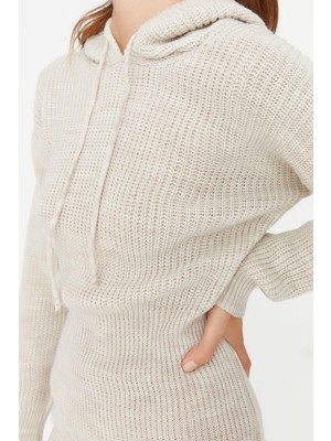 Frm Yeni Regular Casual Günlük Dolu Iğne Triko Kapüşonlu Uzun Kol Kazak Elbise Mini Boy Elbise