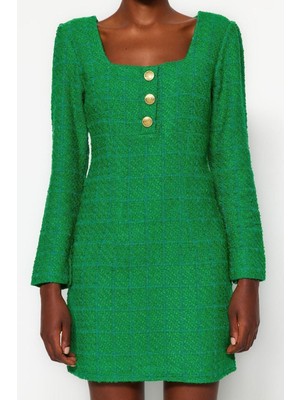 Frm Yeni Regular Business Tüvit Dokuma Kare Yaka Uzun Kol Bodycone Mini Boy Elbise