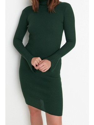 Frm Yeni Slim Casual Günlük Fitilli Triko Balıkçı Yaka Uzun Kol Bodycone Mini Boy Elbise