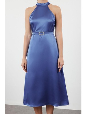 Frm Yeni Fit Mezuniyet Balo Saten Dokuma Dik Yaka Kolsuz Kol Skater Midi Boy Elbise