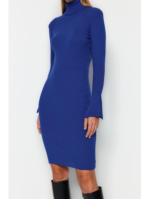 Frm Yeni Slim Casual Günlük Fitilli Triko Balıkçı Yaka Uzun Kol Bodycone Mini Boy Elbise