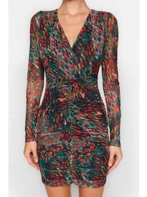 Frm Yeni Slim Casual Günlük Tül Örme Kruvaze Uzun Kol Bodycone Midi Boy Elbise