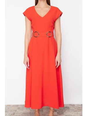 Frm Yeni Regular Business Krep Dokuma V Yaka Kısa Kol A-Line Midi Boy Elbise