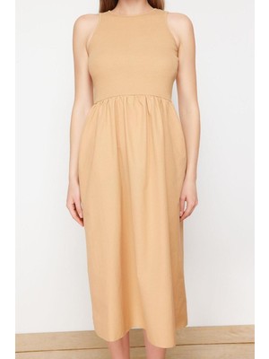 Frm Yeni Regular Casual Günlük Aerobin Dokuma Bisiklet Yaka Kolsuz Kol Skater Midi Boy Elbise