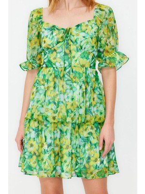 Frm Yeni Rahat Casual Günlük Şifon Dokuma Carmen Yaka Kısa Kol Skater Mini Boy Elbise