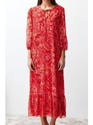 Frm Yeni Regular Gündüz Gece Şifon Dokuma V Yaka Truvakar Kol Kol Shift Maxi Boy Elbise