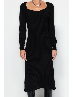 Frm Yeni Slim Casual Günlük Tek Plaka Triko Kalp Yaka Uzun Kol Basic Midi Boy Elbise