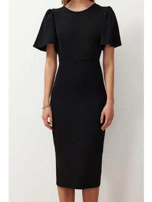 Frm Yeni Regular Gündüz Gece Finike Dokuma Bisiklet Yaka Kısa Kol Bodycone Midi Boy Elbise