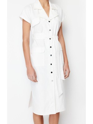 Frm Yeni Regular Casual Günlük Gabardin Dokuma Gömlek Yaka Kısa Kol Gömlek Elbise Midi Boy Elbise