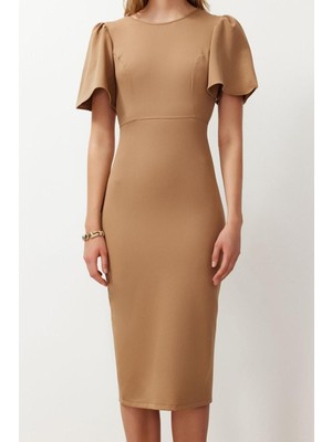 Frm Yeni Regular Gündüz Gece Finike Dokuma Bisiklet Yaka Kısa Kol Bodycone Midi Boy Elbise