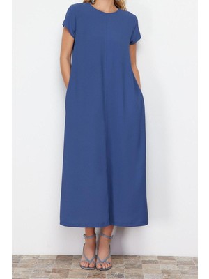 Frm Yeni Regular Casual Günlük Aerobin Dokuma Bisiklet Yaka Kısa Kol Shift Midi Boy Elbise