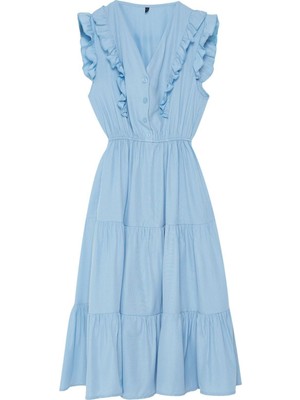 Frm Yeni Skater Casual Günlük Terrycotton Dokuma V Yaka Kolsuz Kol Skater Midi Boy Elbise