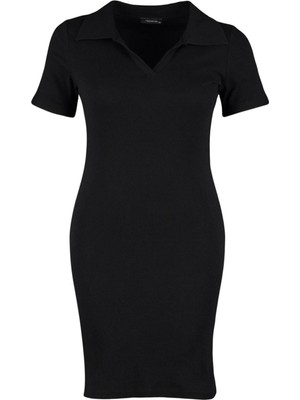 Frm Yeni Fit Casual Günlük Kaşkorse Örme Polo Yaka Kısa Kol Bodycone Mini Boy Büyük Beden Elbise