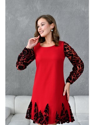 Zishan Fashion Kollar Ve Etek Ucu Tül Ve Kabartma Desenli Sıfır Yaka Midi Kadın Abiye Elbise 903