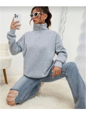 Pilelistore Unisex Uzun Kol Yarım Farmuarlı Yakalı Basic Sweatshirt - Gri