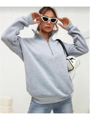 Pilelistore Unisex Uzun Kol Yarım Farmuarlı Yakalı Basic Sweatshirt - Gri