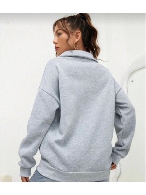 Pilelistore Unisex Uzun Kol Yarım Farmuarlı Yakalı Basic Sweatshirt - Gri