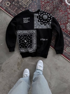 Pileli Store Pilelistore Desenli Üç Iplik Bisiklet Yaka Oversize Sweatshirt - Siyah