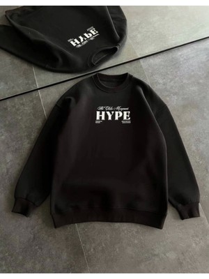 Pileli Store Pilelistore Üç Iplik Bisiklet Yaka Baskılı Sweatshirt - Siyah