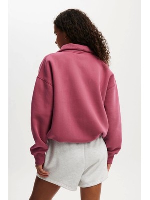 Pilelistore Oversize Yarım Farmuarlı Yakalı Basic Sweatshirt - Gül Kurusu