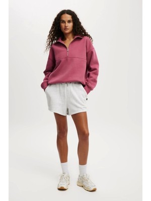 Pilelistore Oversize Yarım Farmuarlı Yakalı Basic Sweatshirt - Gül Kurusu