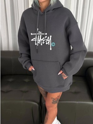 Pilelistore Üç Iplik Kapşonlu Baskılı Sweatshirt - Füme