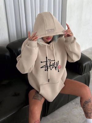 Pilelistore Üç Iplik Kapşonlu Baskılı Sweatshirt - Bej