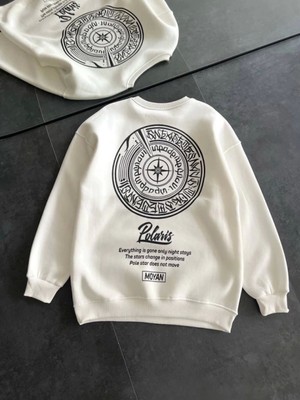 Pilelistore Kışlık Bisiklet Yaka Ön ve Arka Baskılı Sweatshirt - Beyaz