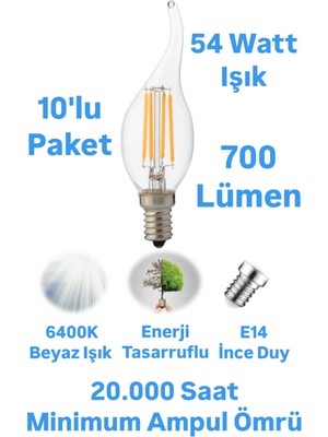 Repplam 6 Watt Beyaz Işık E14 Duylu Rustik Ampul Kıvrık 700 Lümen Avize Ampulü Ince Duylu Mum Ampul