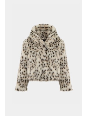 Premium Leopar Desen Kapüşonlu Suni Kürk Kadın Ceket