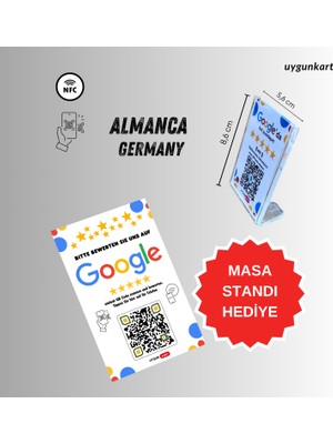 Almanca Google Yorum Kartı - Google Işletme Puanlama Kartı - 5 Yıldız Puan Toplar (Nfc ve Karekod Özellikli)  - Tüm Telefonlarlar ile Uyumlu