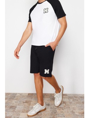 FRM Erkek  Pamuk Bisiklet Yaka Kısa Kol Beyaz Nakışlı Reglan Kol Örme Şortlu Pijama Takımı