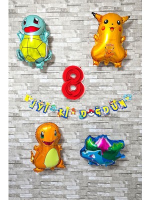Pekshop Pokemon Temalı Doğum Günü Parti Seti Pakemon Figürleri Balonlu Yaş Doğum Günü Rakam Balonlu Set