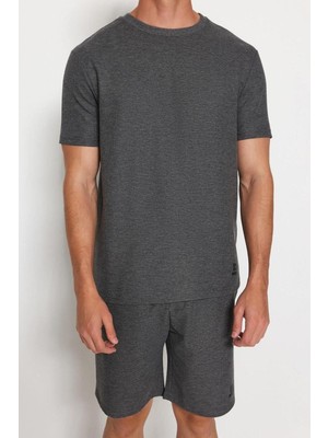 FRM Erkek Pamuklu Bisiklet Yaka Kısa Kol Regular Fit Dokulu Örme Şortlu Pijama Takımı