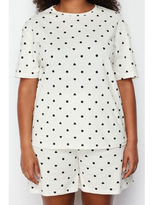 FRM Büyük Beden Kadın Pamuklu Bisiklet Yaka Kısa Kol Kalp Desenli Örme Pijama Takımı