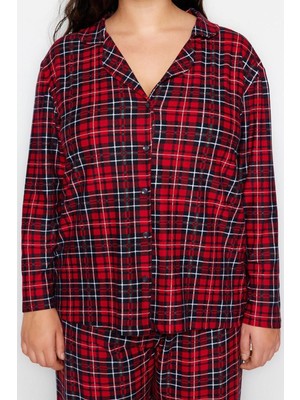 FRM Büyük Beden Kadın Polyester Gömlek Yaka Uzun Kol Ekoseli Gömlek Yaka Yumuşak Tuşe Örme Pijama Takımı