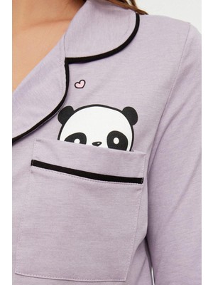 FRM Kadın Pamuk Polyester Gömlek Yaka Uzun Kol Pamuklu Panda Baskılı Gömlek-Pantolon Örme Pijama Takımı