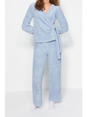 FRM Kadın Polyester Kruvaze Uzun Kol Kruvaze Yaka Wellsoft Gömlek-Pantolon Örme Pijama Takımı