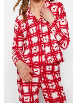 FRM Kadın Polyester Gömlek Yaka Uzun Kol Geyik Desenli Ekose Gömlek-Pantolon Örme Pijama Takımı