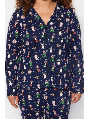 FRM Büyük Beden Kadın Pamuk Polyester Gömlek Yaka Uzun Kol Gömlek Yaka Yılbaşı Temalı Örme Pijama Takımı