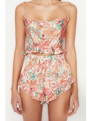 FRM Kadın Polyester Bisiklet Yaka Askılı Kol Fırfırlı ve Sırt Ip Askılı Saten Dokuma Pijama Takımı