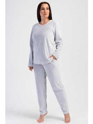 Kadın Büyük Beden Kadife Uzun Kol Gri Pijama Takım C6T8N0O304