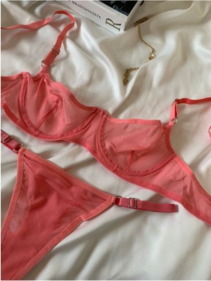 Rozenin Lingerie Balenli Kapsız Düz Tül Sütyen Takım (Sütyen-Tanga)