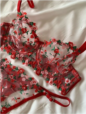 Rozenin Lingerie Kırmızı Minik Çiçekli Balenli Kapsız Tül Sütyen Takımı