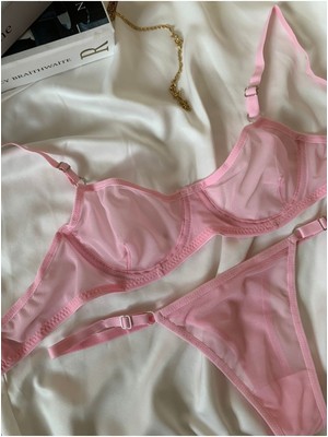 Rozenin Lingerie Pembe Balenli Kapsız Düz Tül Sütyen Takım Kadın İçin Konforlu Tasarım