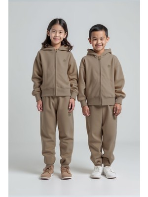 Minojoy Harves Zeytin Gri Pamuklu Fermuarlı Çocuk Sweatshirt Eşofman Altı Takım