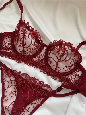 Rozenin Lingerie Bordo Çiçekli Balenli Kapsız Brode Bralet Sütyen Takımı